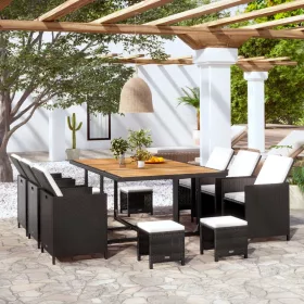    11 darabos fekete kültéri polyrattan és akácfa étkezőszett