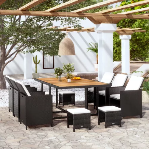  11 darabos fekete kültéri polyrattan és akácfa étkezőszett