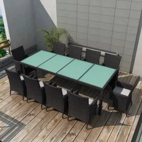    11-részes fekete polyrattan kültéri étkezőszett párnákkal