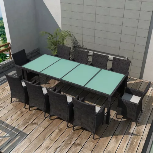  11-részes fekete polyrattan kültéri étkezőszett párnákkal