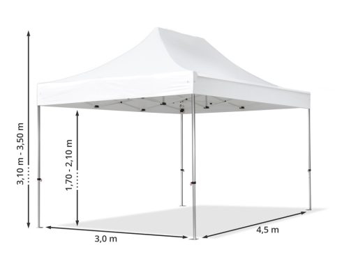 TP 3x4,5m összecsukható 850N alumínium pavilon, oldalfal nélkül, tűzálló - fehér