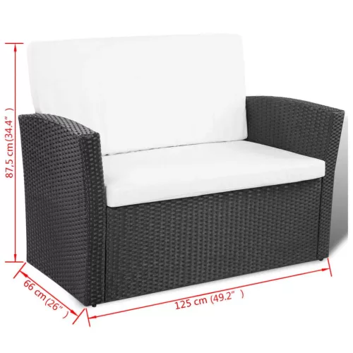  4-részes fekete polyrattan kerti bútorszett párnákkal