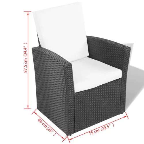  4-részes fekete polyrattan kerti bútorszett párnákkal