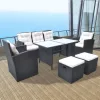  6-részes fekete polyrattan kültéri étkezőszett párnákkal
