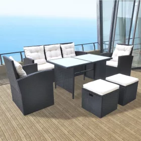    6-részes fekete polyrattan kültéri étkezőszett párnákkal