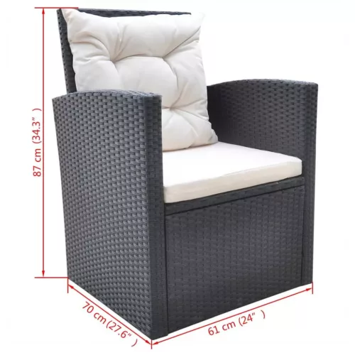  6-részes fekete polyrattan kültéri étkezőszett párnákkal