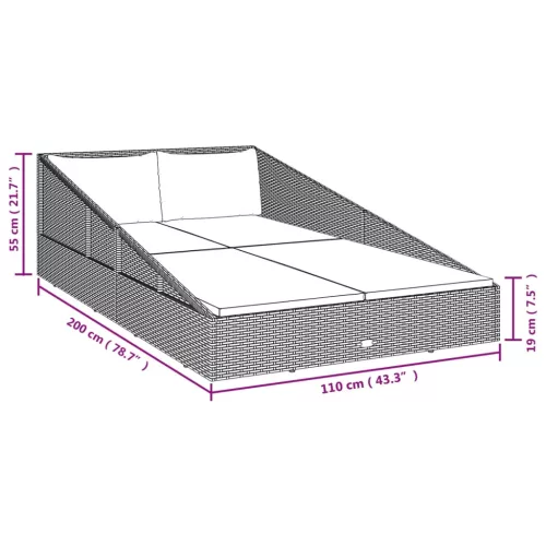  fekete polyrattan kerti ágy 110 x 200 cm