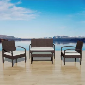  4-részes barna polyrattan kerti bútorszett párnákkal