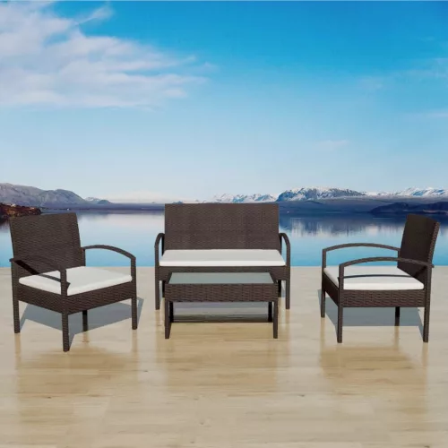  4-részes barna polyrattan kerti bútorszett párnákkal