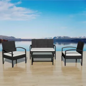  4-részes fekete polyrattan kerti bútorszett párnákkal