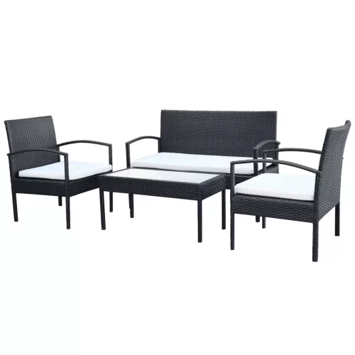  4-részes fekete polyrattan kerti bútorszett párnákkal