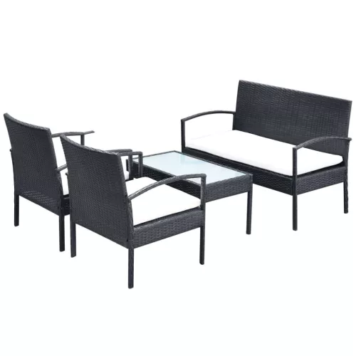  4-részes fekete polyrattan kerti bútorszett párnákkal