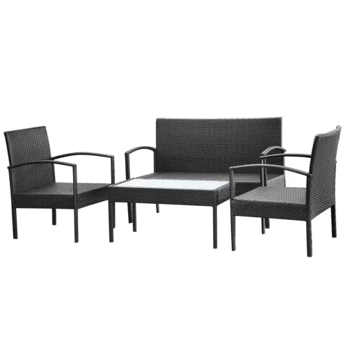  4-részes fekete polyrattan kerti bútorszett párnákkal
