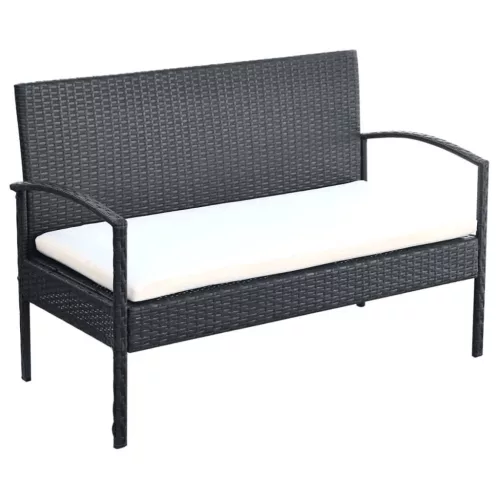  4-részes fekete polyrattan kerti bútorszett párnákkal