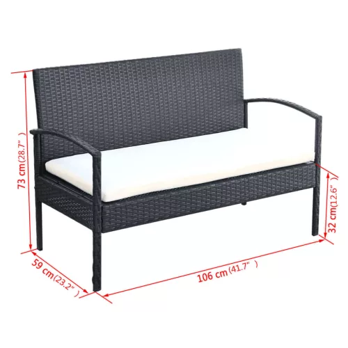  4-részes fekete polyrattan kerti bútorszett párnákkal