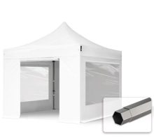   Professional összecsukható sátrak PREMIUM 350g/m2 ponyvával, acélszerkezettel, 4 oldalfallal, panoráma ablakkal - 3x3m fehér