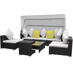    7 darabos fekete polyrattan kerti bútorszett napellenzővel