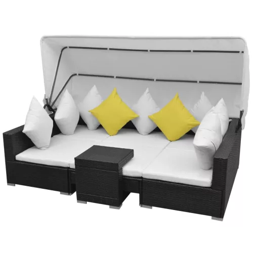  7 darabos fekete polyrattan kerti bútorszett napellenzővel