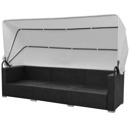  7 darabos fekete polyrattan kerti bútorszett napellenzővel
