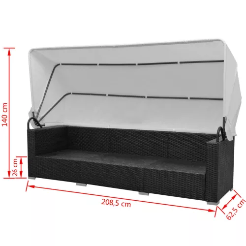  7 darabos fekete polyrattan kerti bútorszett napellenzővel