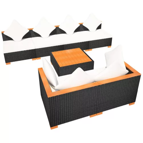  7-részes fekete polyrattan kerti bútorszett párnákkal