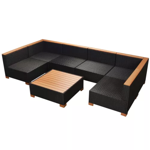  7-részes fekete polyrattan kerti bútorszett párnákkal