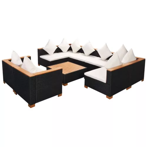  9-részes fekete polyrattan kerti bútorszett párnákkal