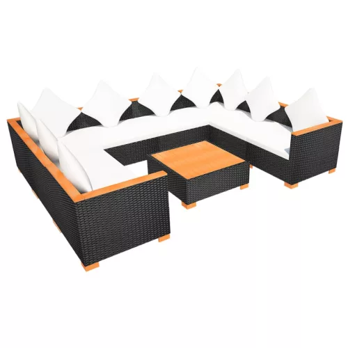  9-részes fekete polyrattan kerti bútorszett párnákkal