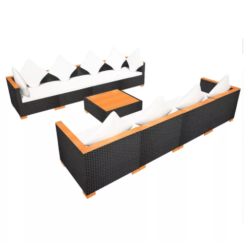  9-részes fekete polyrattan kerti bútorszett párnákkal
