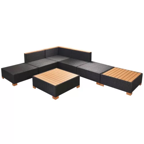  7-részes fekete polyrattan kerti bútorszett párnákkal
