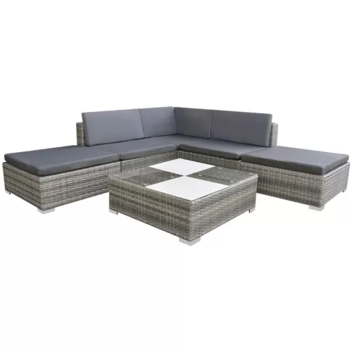  6 részes szürke polyrattan kerti ülőgarnitúra párnákkal