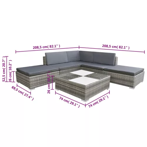  6 részes szürke polyrattan kerti ülőgarnitúra párnákkal