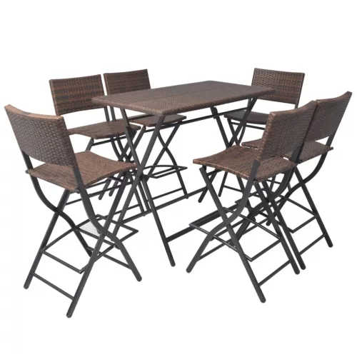  7-részes barna kerti polyrattan/acél összecsukható étkezőszett