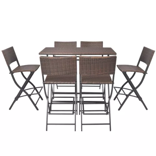 7-részes barna kerti polyrattan/acél összecsukható étkezőszett