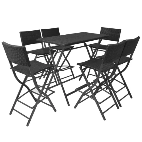 7-részes fekete kerti polyrattan/acél összecsukható étkezőszett