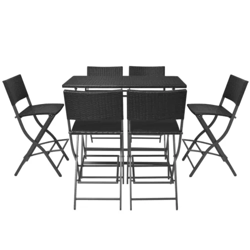  7-részes fekete kerti polyrattan/acél összecsukható étkezőszett