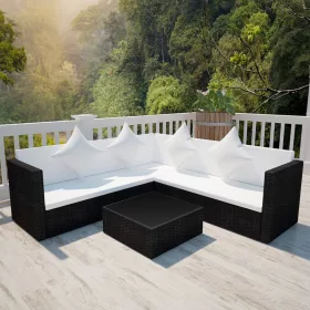  4-részes fekete polyrattan kerti bútorszett párnákkal