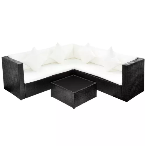  4-részes fekete polyrattan kerti bútorszett párnákkal