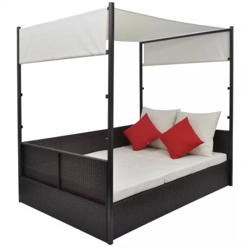  barna polyrattan napellenzős kerti ágy 190 x 130 cm