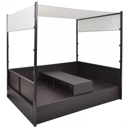  barna polyrattan napellenzős kerti ágy 190 x 130 cm