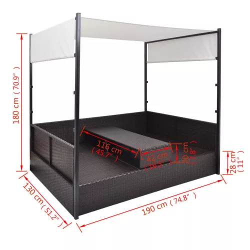  barna polyrattan napellenzős kerti ágy 190 x 130 cm