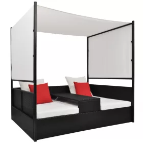  fekete polyrattan napellenzős kerti ágy 190 x 130 cm