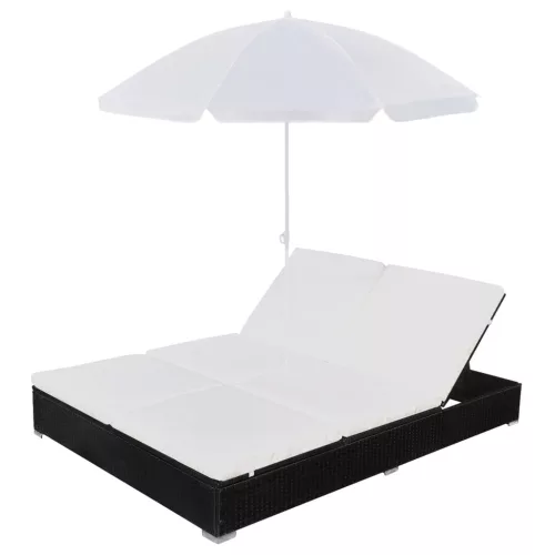  fekete polyrattan napozóágy napernyővel