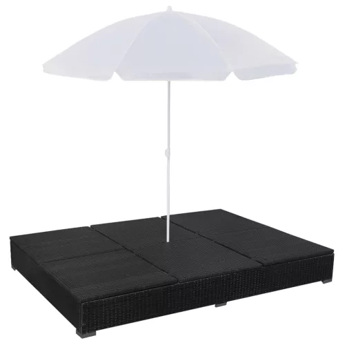  fekete polyrattan napozóágy napernyővel