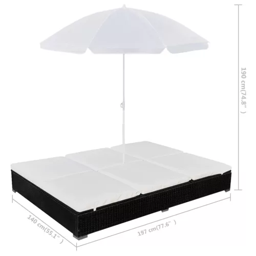  fekete polyrattan napozóágy napernyővel