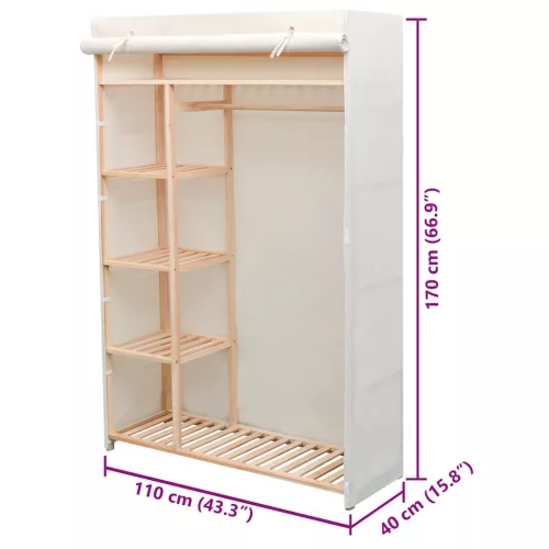  fenyőfa és szövetanyag ruhásszekrény 110 x 40 x 170 cm