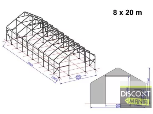 TP Everest 8x20m 3m oldalmagas raktársátor nehezen éghető PRIMEtex 2300 ponyvával, fehér