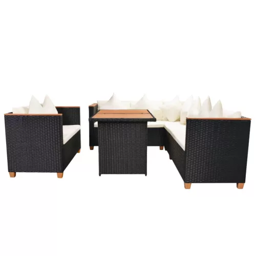  5-részes fekete polyrattan kerti bútorszett párnákkal