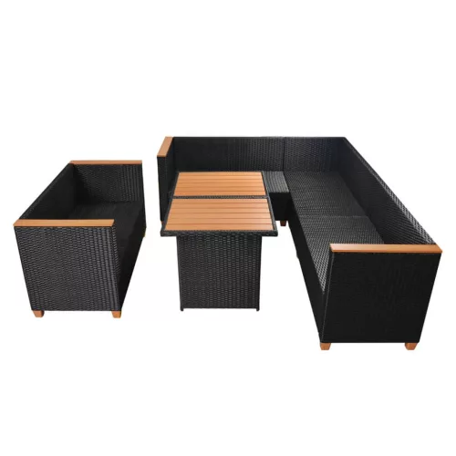  5-részes fekete polyrattan kerti bútorszett párnákkal
