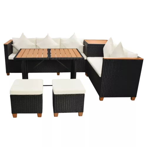  7-részes fekete polyrattan kerti bútorszett párnákkal